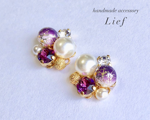 no.660 藤ビジューピアス　イヤリング　和風　成人式　着物　紫 Melody Accessory イヤリング ピアス 日本製 K18GP 和風 和柄