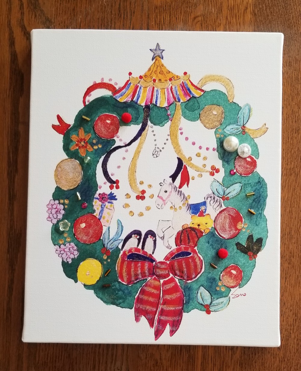 「クリスマスリース」Wreath ～sonojiイラストキャンバスパネルプリント～F3サイズ