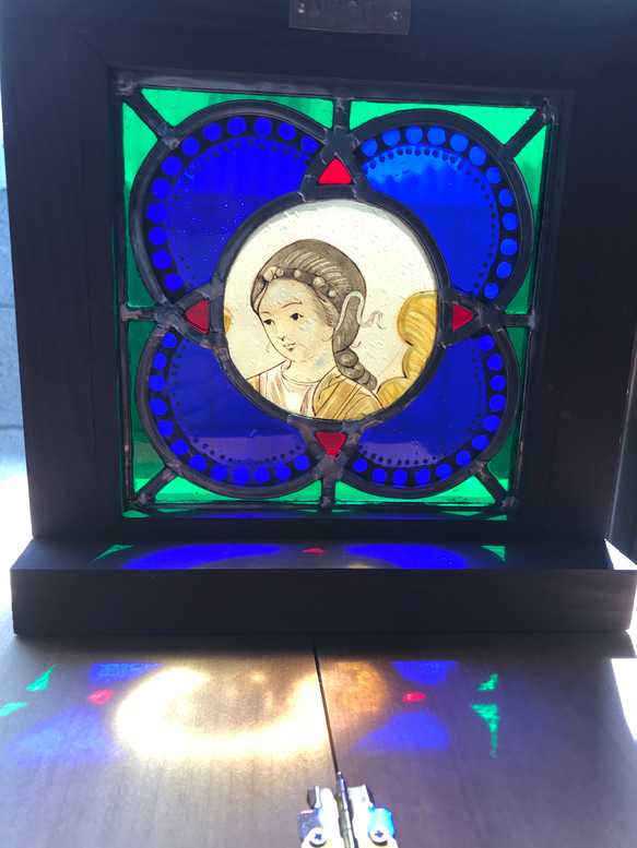 天使の絵付け小さなステンドグラスパネル　緑 アート 立体・オブジェ ガラス・ステンドグラス F1810618732(14000円)