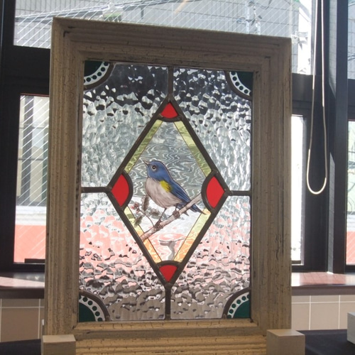 ステンドグラスパネル【青い鳥＆ブルーベリー】 幸せの青い鳥』 ステンドグラスアート風イラスト The Blue Bird