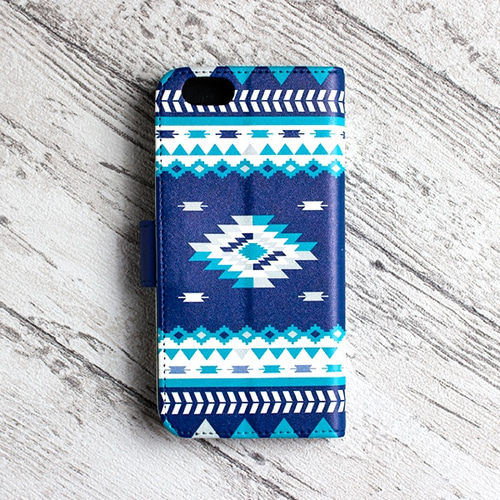 ネイティブ柄01(オルテガ柄) ブルー iPhoneケース手帳型 iPhone17Pro