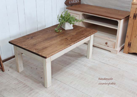 ハンドメイドソファテーブル90アンティークホワイトシャビーローテーブル