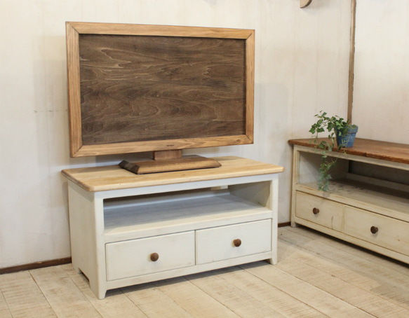 ハンドメイド　ホワイトシャビーなラック90　テレビ台にも。 シャビー調 テレビ台/アンティーク調テレビボード 【幅90cm