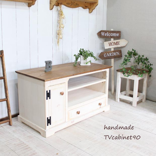 ハンドメイド Whiteシャビーな3ドロワテレビ台 140 ハンドメイド White