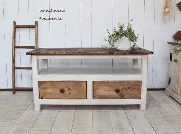 ハンドメイド　ホワイトシャビーなローボード90 ハンドメイド ホワイトシャビーなローボード90