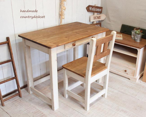 ハンドメイド　シャビーな1ドロワーカントリーデスク　イスセット 1_854c947f1da541ac50972d4afb7c