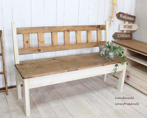 ハンドメイド　シャビーなカントリーベンチ120背もたれつき 1_773cdb79427ef5001d66ce871e63