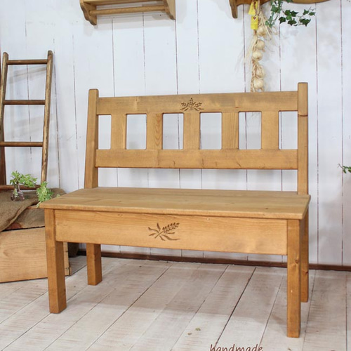 ハンドメイド　カントリー背もたれラダーベンチ120 麦穂のカントリーベンチ90背もたれつき