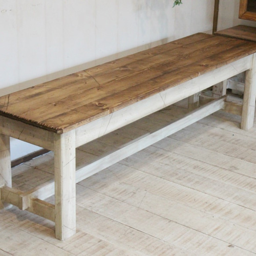 ハンドメイドシャビーなカントリーベンチ90アンティークホワイト棚板つき