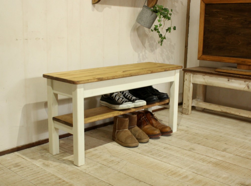 シューズベンチ　ホワイトシャビー　玄関ベンチ