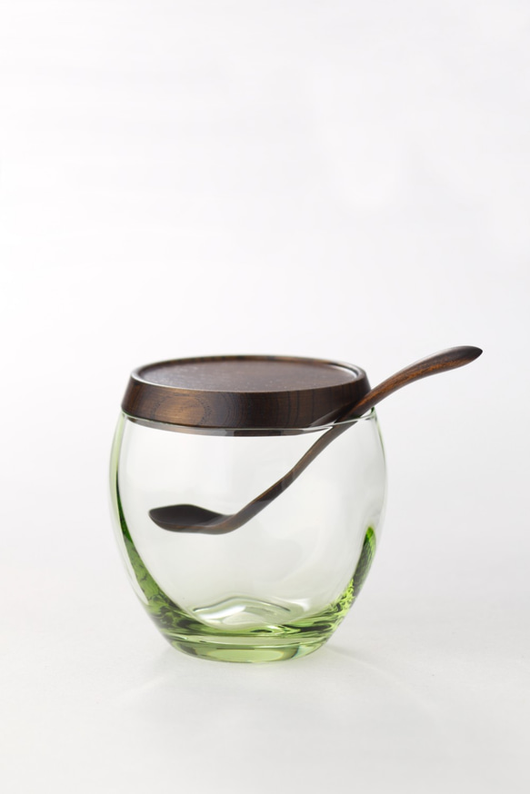 URUSHITOグラス　浄法寺塗　萩ガラス　蓋つきグラス（大）　黒拭漆　miyazono spoon 製匙付き 5枚目の画像