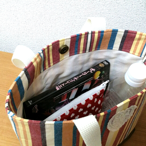 カラフルストライプのトートバッグ＊ハートモチーフ トートバッグ ki  