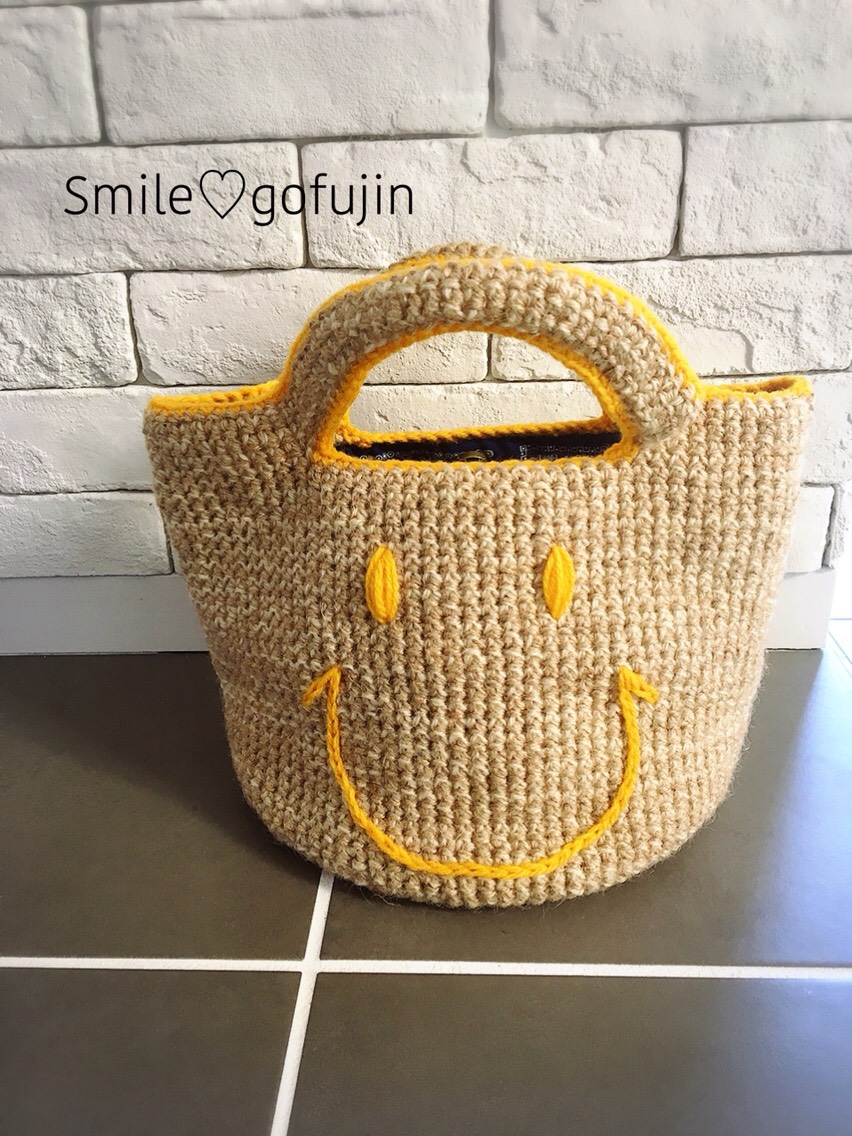 麻紐と毛糸のニコちゃんバッグ ベージュ×黄色