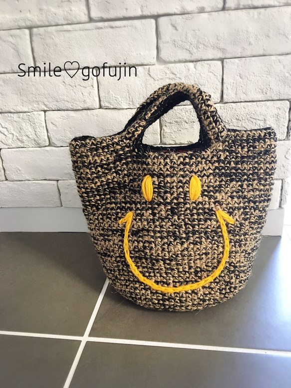 毛糸の麻紐のミックス♡ニコちゃんバッグ 黒 トートバッグ gofujin 