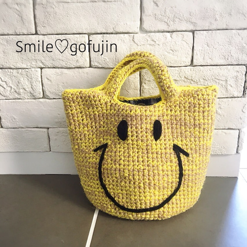 毛糸と麻紐のミックス♡ニコちゃんバッグ 黄色 トートバッグ gofujin 