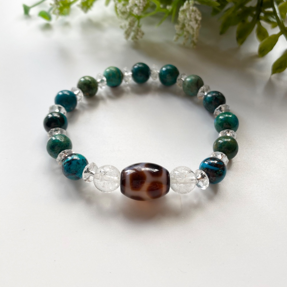亀甲長寿天珠とクリソコラのブレスレット