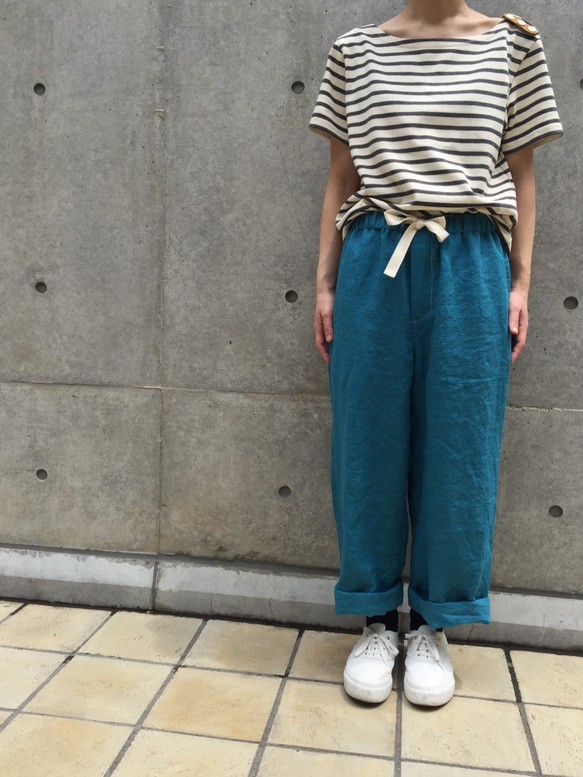 two tone rough linen pants   water blue 第6張的照片