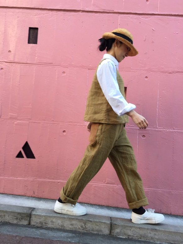 two tone rough linen pants   brown gold 第3張的照片