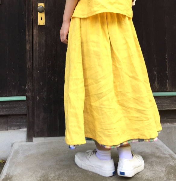 春のお洋服 - 予約販売　リネンのリバーシブルスカート  yellow × check...No.04 3枚目の画像