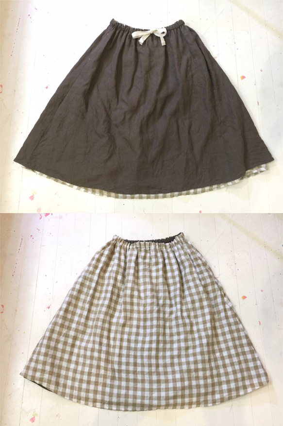 受注生産　リネンのリバーシブルスカート  cocoa × gingham check...No.02 3枚目の画像