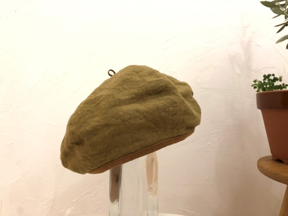 reversible linen beret　01   blown-gold × picnic check 第2張的照片