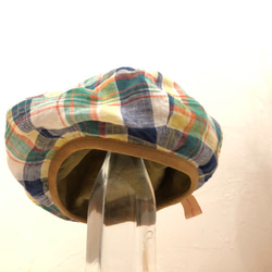 reversible linen beret　01   blown-gold × picnic check 第3張的照片