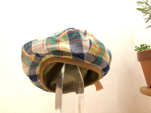 reversible linen beret　01   blown-gold × picnic check 第3張的照片