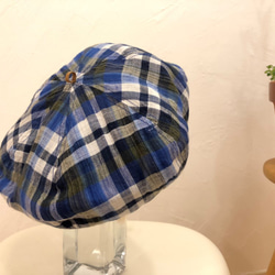 reversible linen beret　01   blown-gold × picnic check 第3張的照片