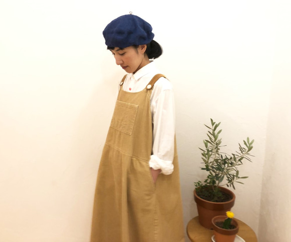 reversible linen beret　01   blown-gold × picnic check 第4張的照片