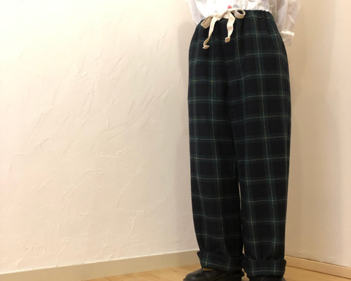 ウールチェックパンツ ひざ丈裏地付き ロングパンツ henry