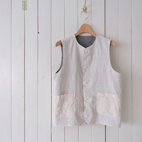 reversible linen vest   ecru × houndstooth check 第2張的照片