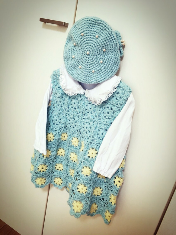 ☆さわやかブルー☆お花のワンピ&リボン付ベレー帽のset♡ 5枚目の画像