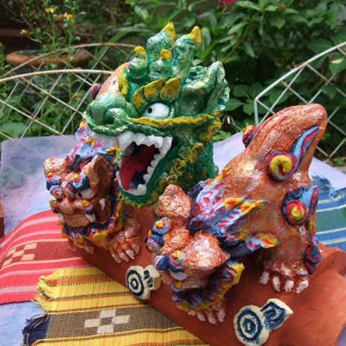 沖縄琉球漆喰 龍柱＆紅型調シーサー その他置物 琉球大陸SevenSeas