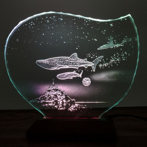 ジンベイザメ・マンタ・モンサンミッシェル ガラスエッチングパネル