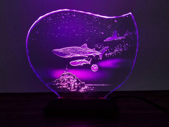 ジンベイザメ・マンタ・モンサンミッシェル　ガラスエッチングパネル・LEDスタンドセット（ランプ・ライト・照明） 7枚目の画像
