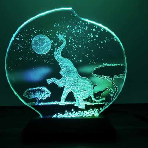 月ウサギとゾウのガラスエッチングパネル・LEDスタンドセット