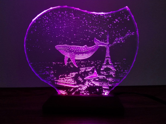 星降る夜・クジラ・マンタ・パリ　ガラスエッチングパネル・LEDスタンドセット（ランプ・ライト・照明） 6枚目の画像