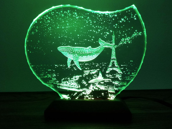 星降る夜・クジラ・マンタ・パリ　ガラスエッチングパネル・LEDスタンドセット（ランプ・ライト・照明） 7枚目の画像