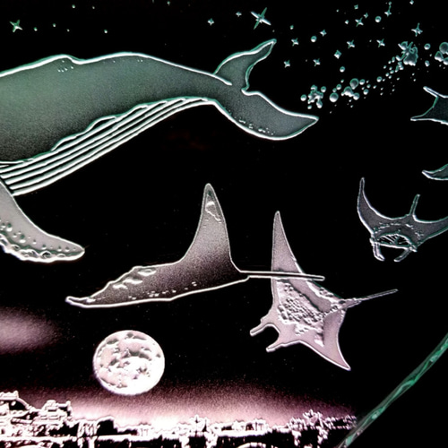 星降る夜・クジラ・マンタ/プラハ ガラスエッチングパネル L