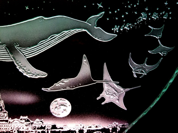 星降る夜・クジラ・マンタ/プラハ　ガラスエッチングパネル Lサイズ・LEDスタンドセット 4枚目の画像