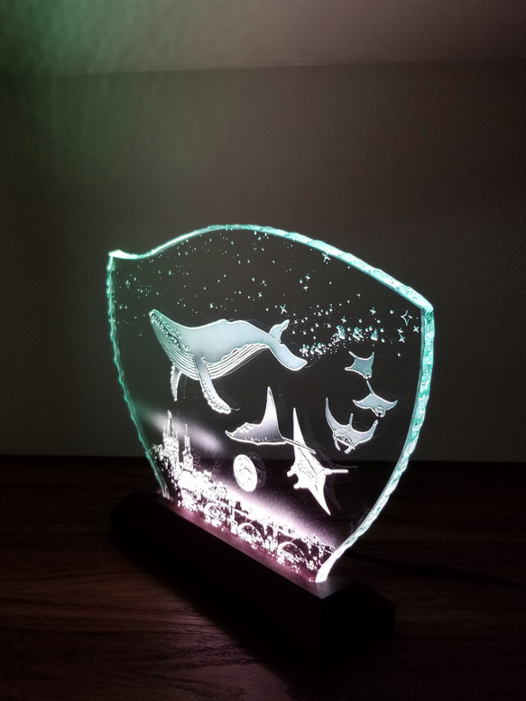 星降る夜・クジラ・マンタ/プラハ　ガラスエッチングパネル Lサイズ・LEDスタンドセット 6枚目の画像