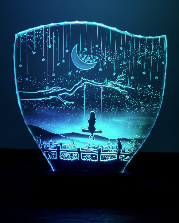 星降る夜・少女と猫　ガラスエッチングパネル・LEDスタンドセット（ランプ・ライト・照明） 8枚目の画像