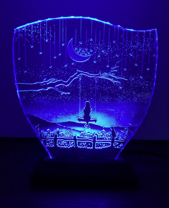 星降る夜・少女と猫　ガラスエッチングパネル・LEDスタンドセット（ランプ・ライト・照明） 9枚目の画像