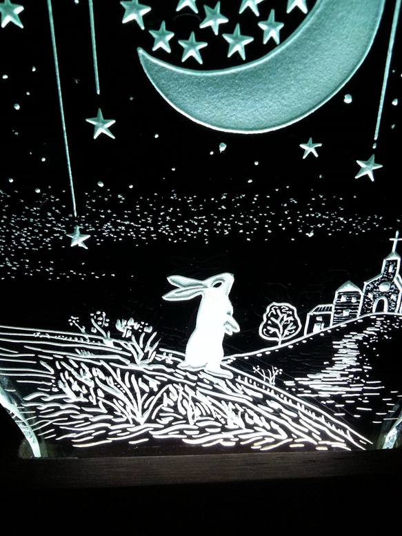 星降る夜・ウサギ　ガラスエッチングパネル Mサイズ・LEDスタンドセット 4枚目の画像