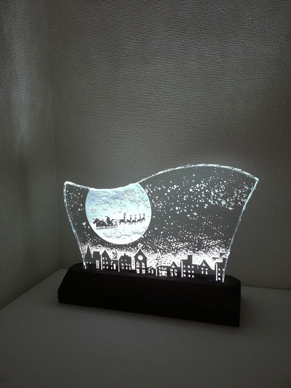 クリスマスの銀河飛行（ガラス：Lサイズ）Season Frame　ガラスエッチング照明 3枚目の画像