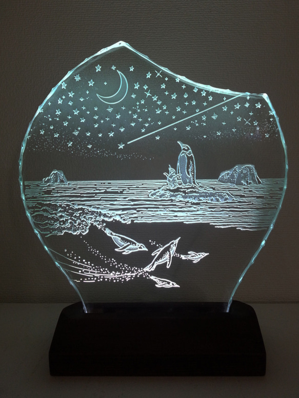 星降る夜・ペンギン ガラスエッチングパネル Mサイズ・LEDスタンド