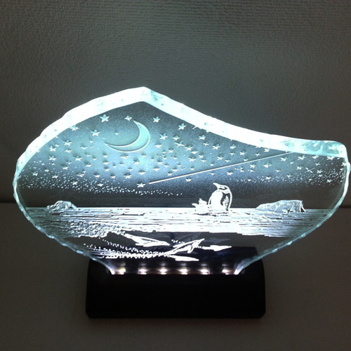 星降る夜・ペンギン ガラスエッチングパネル Mサイズ・LEDスタンド