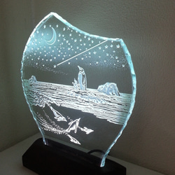 星降る夜・ペンギン　ガラスエッチングパネル Mサイズ・LEDスタンドセット（ランプ・ライト・照明 4枚目の画像