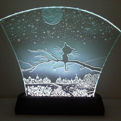 星降る夜・ネコ　ガラスエッチングパネル（満月） Lサイズ・LEDスタンドセット　（ねこ・猫） 1枚目の画像