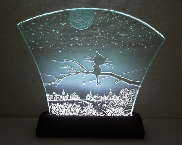 星降る夜・ネコ　ガラスエッチングパネル（満月） Lサイズ・LEDスタンドセット　（ねこ・猫） 1枚目の画像